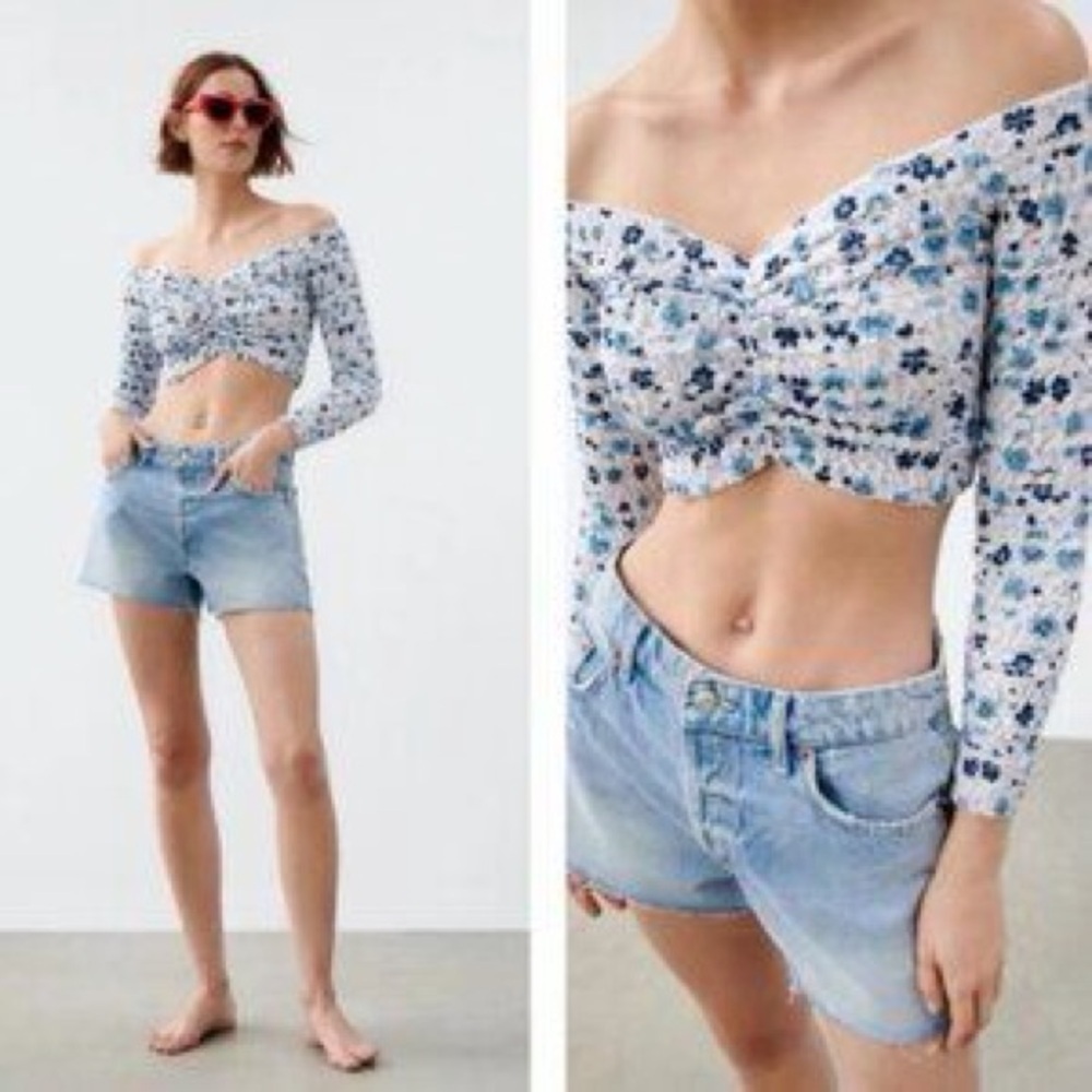 Zara Popcorn Crinkle Crop Floral Top Long Sleeve White Floral Size Medium